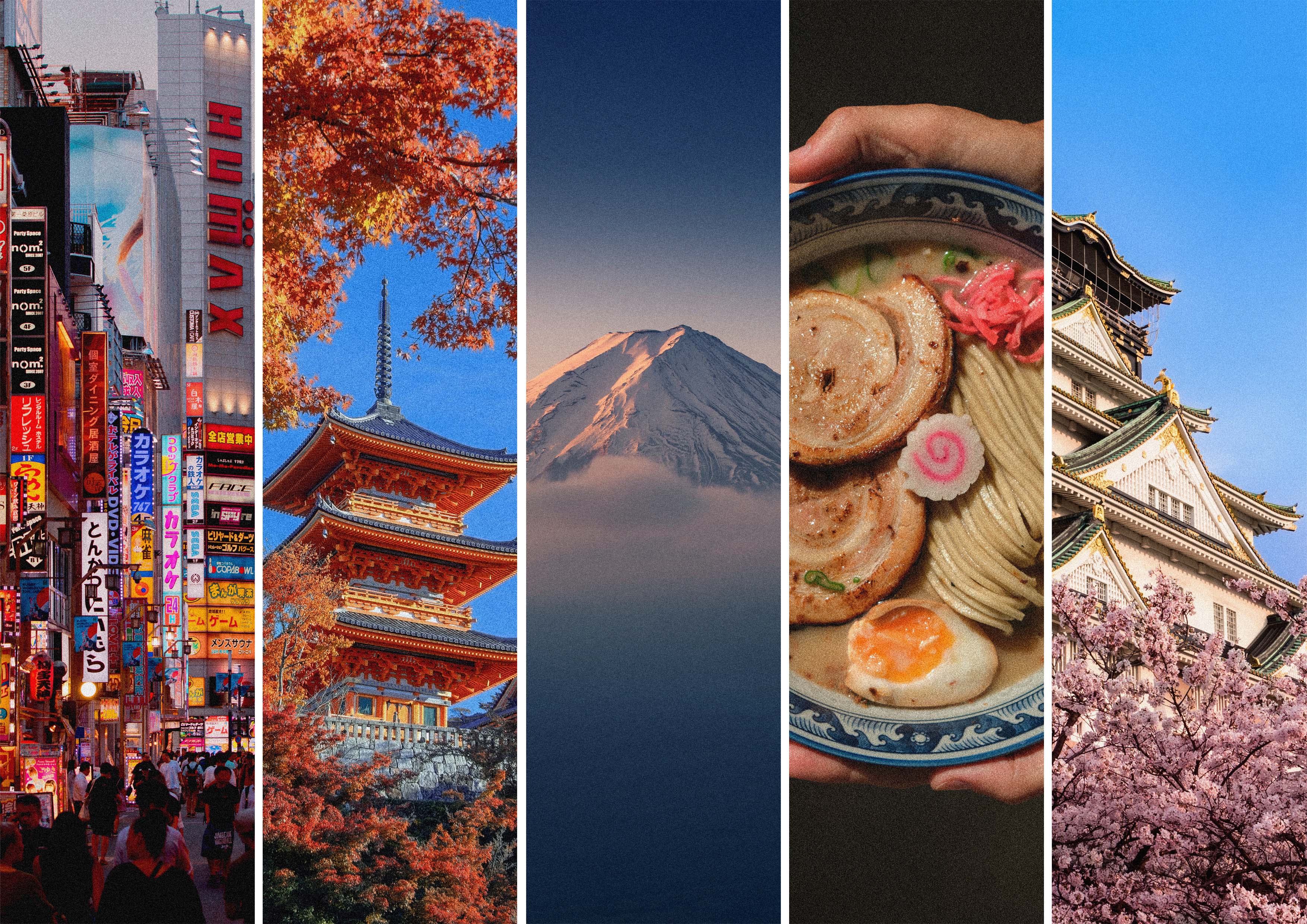 Japanska stadsvyer och kultur: Tokyo-gata med neonskyltar, pagoda vid höstlöv, Mount Fuji, skål med ramen, Osaka-slott med körsbärsblommor.