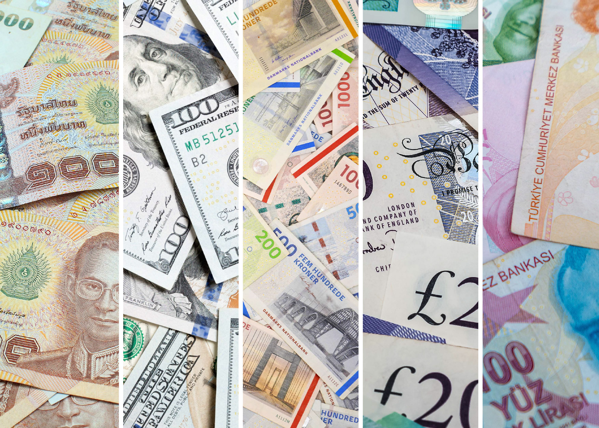 Olika valutor i pappersform, inklusive amerikanska dollar, brittiska pund, danska kronor och turkiska lira.