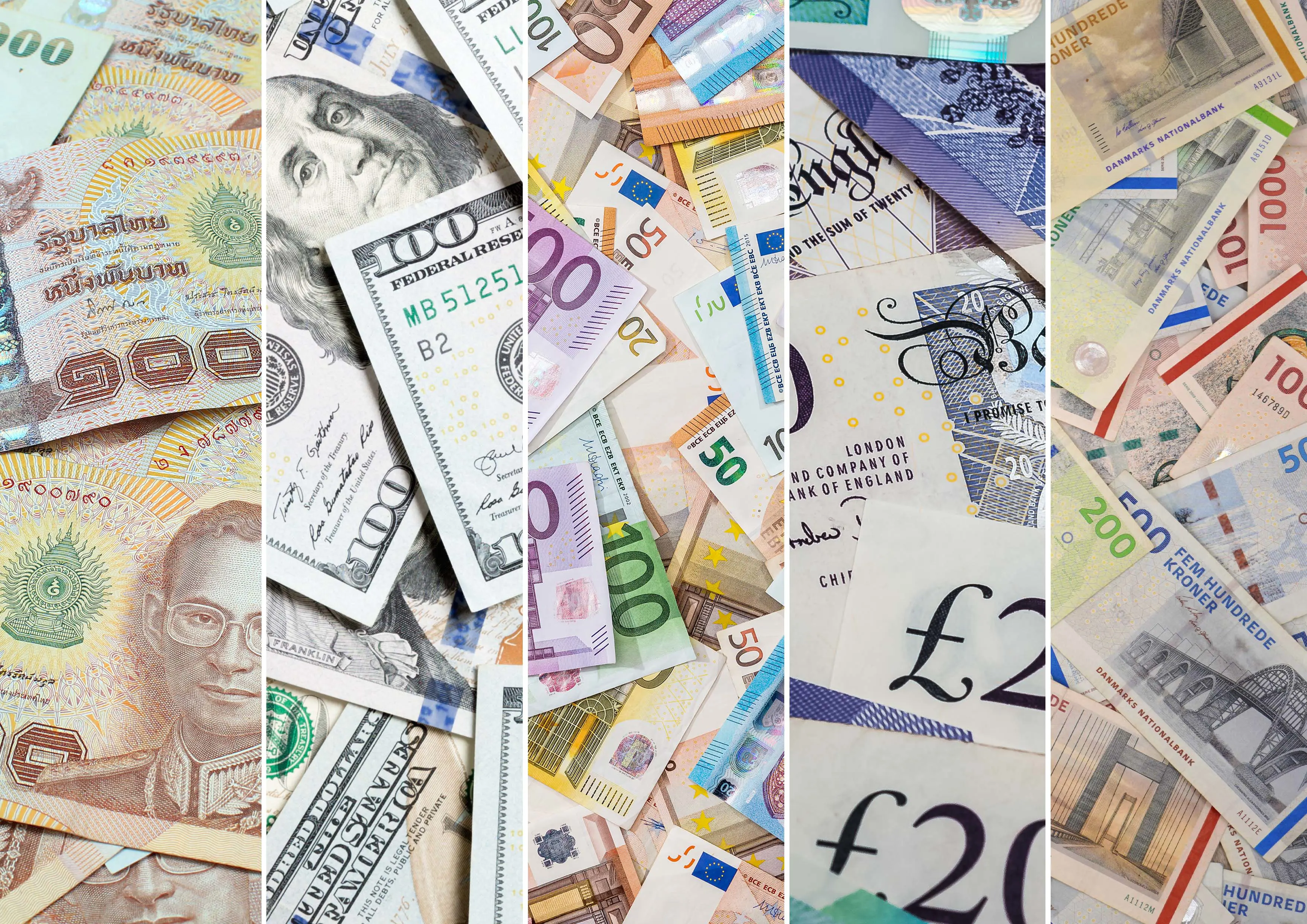 Pictures of five different banknotes in different currencies