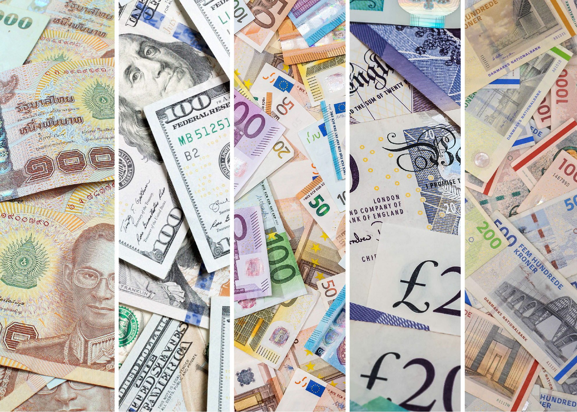 Various international currencies including Thai baht, US dollars, euros, British pounds, and Danish kroner displayed in a collage format.