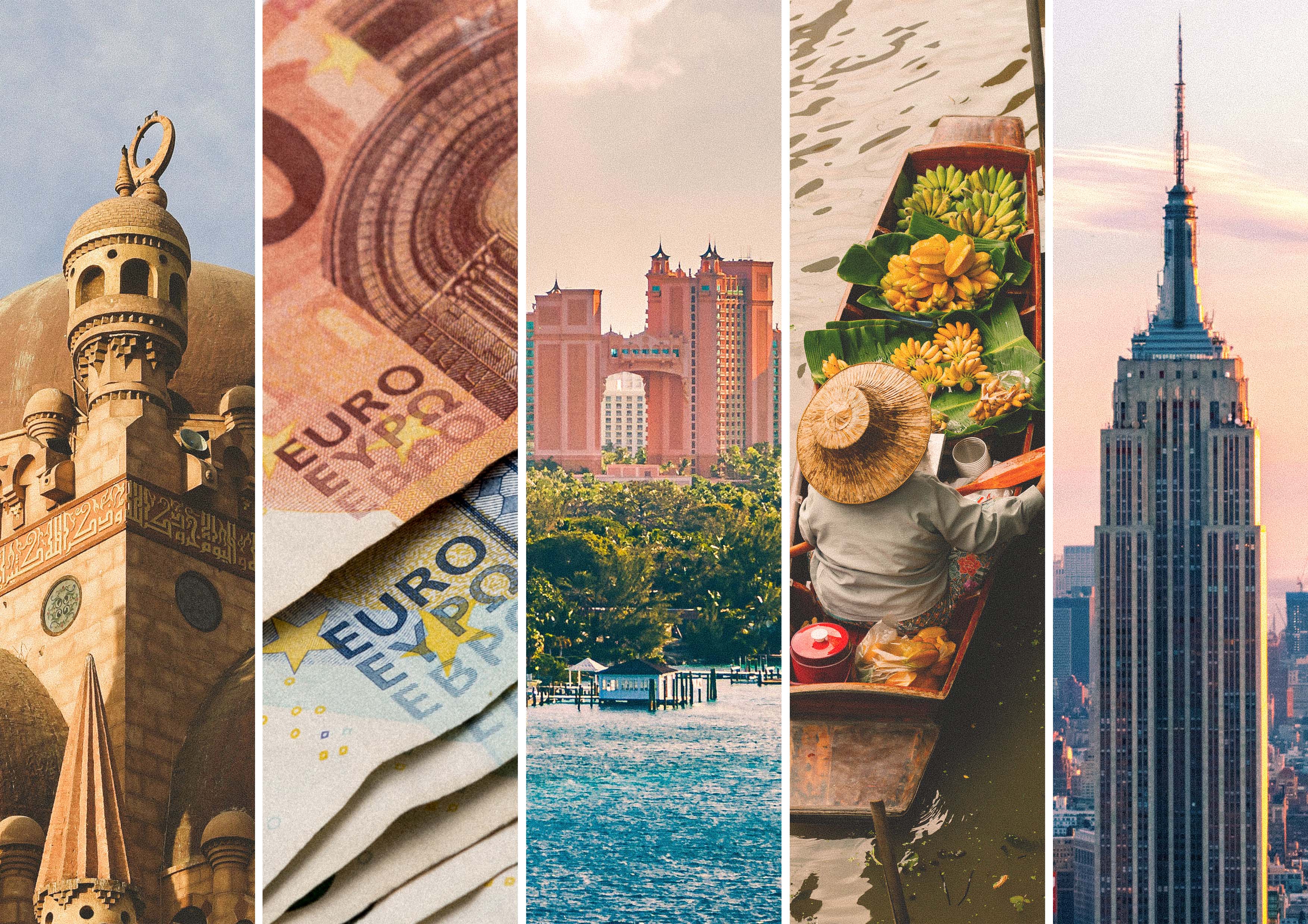 Collage featuring landmarks, euro banknotes, a hotel, a floating market in Thailand and the Empire State Building, illustrating travel destinations, currencies and travel costs around the world.