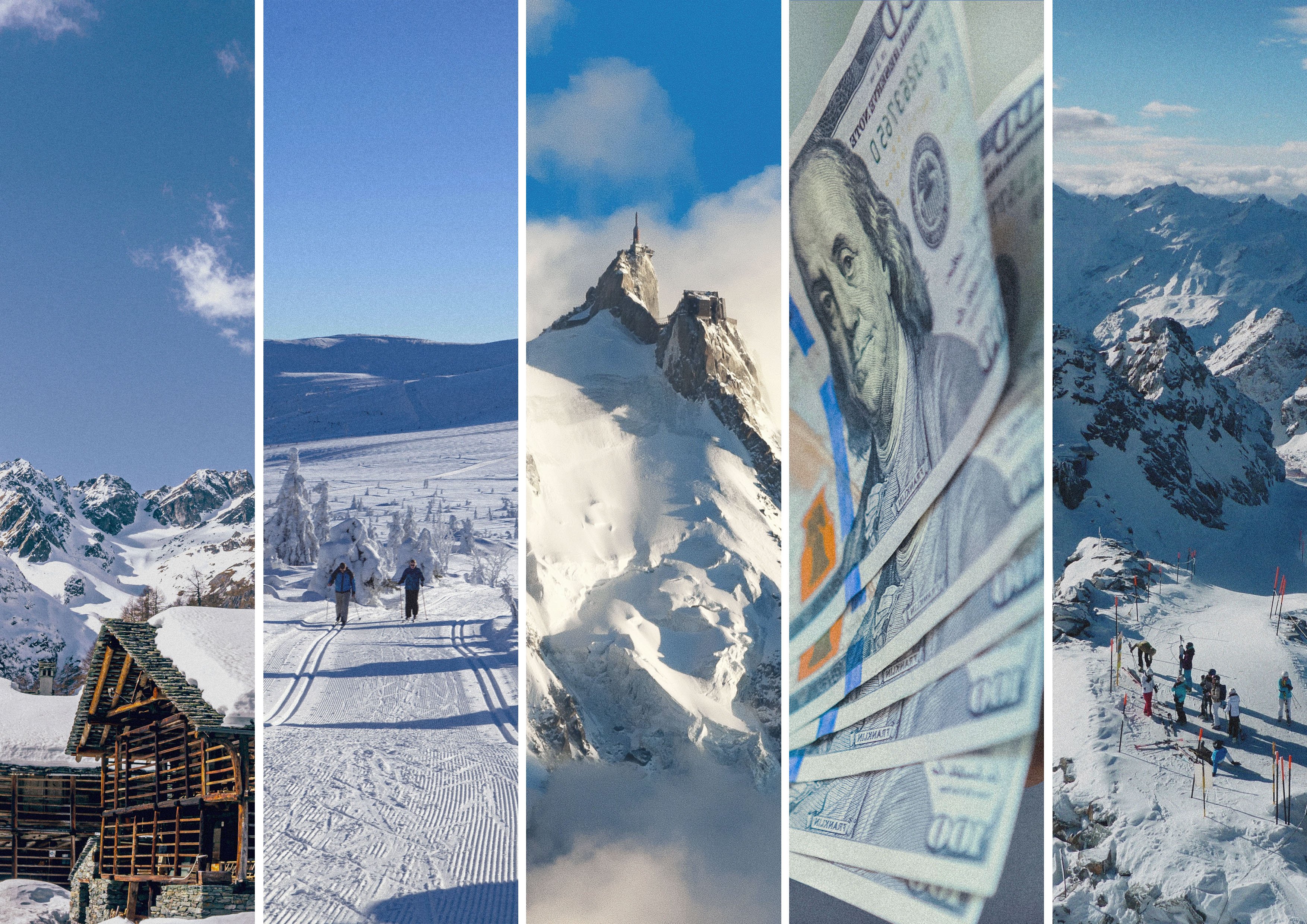 Vintercollage med snöklädda alpberg, skidåkare i pist och offpist, bergstopp i moln samt amerikanska dollar i närbild.