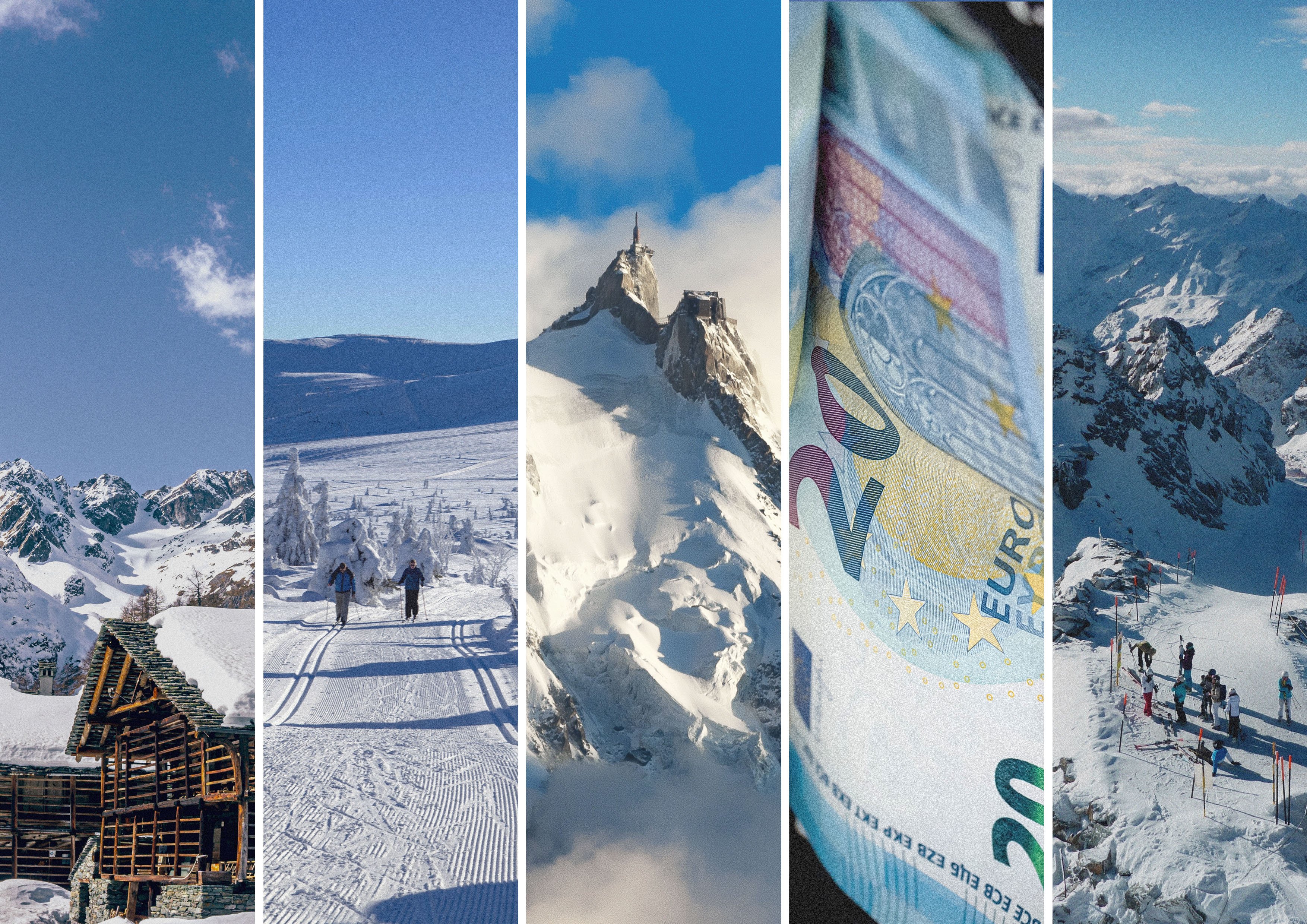 Collage of winter travel destinations featuring snowy mountain landscapes, skiing activities, a snowy lodge, a European currency note, and a picturesque view of skiers on snowy slopes.