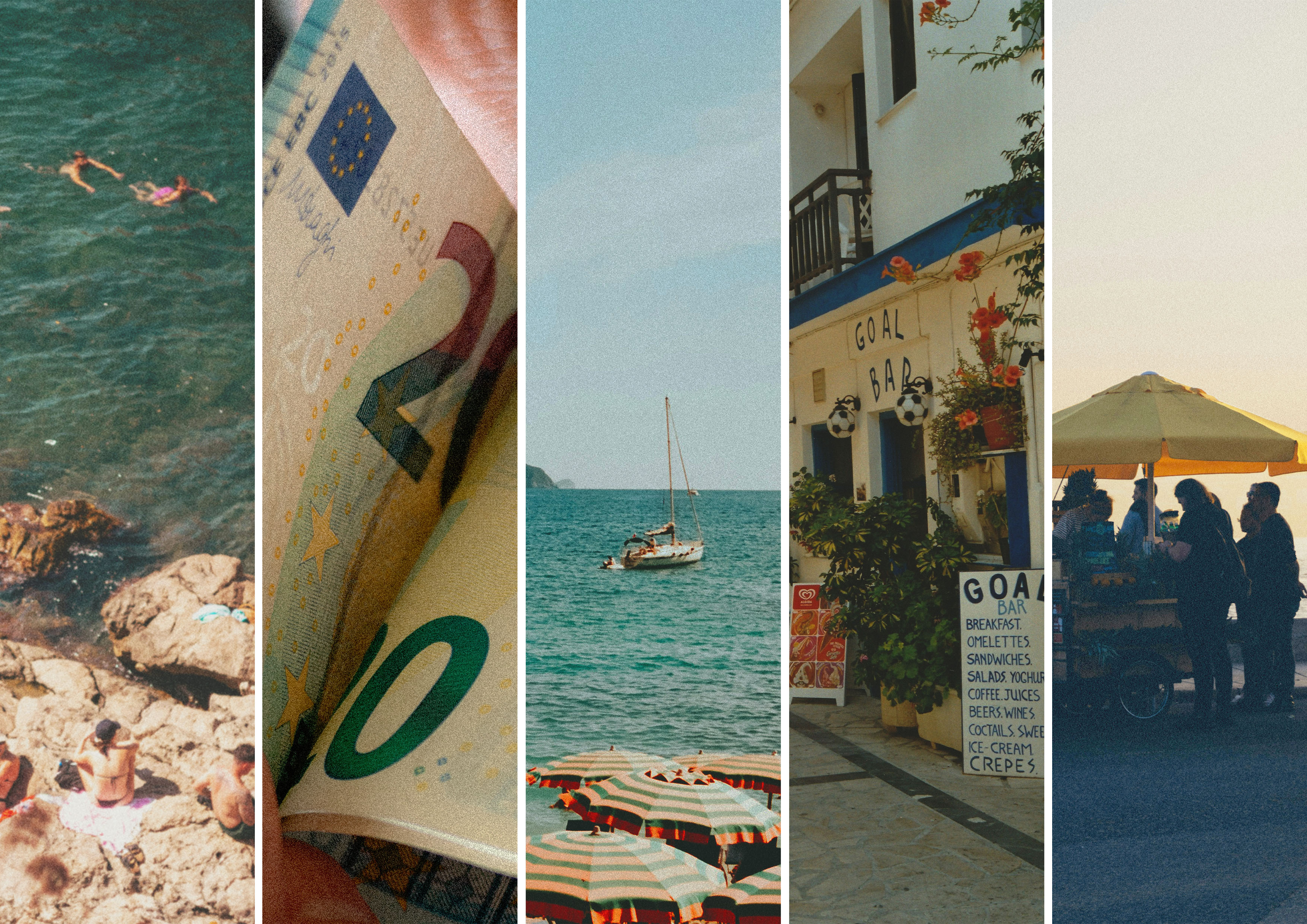 Collage with beach life, bathers, sailboat and euro banknotes symbolizing beach holidays, travel budgets and tourism by the Mediterranean.