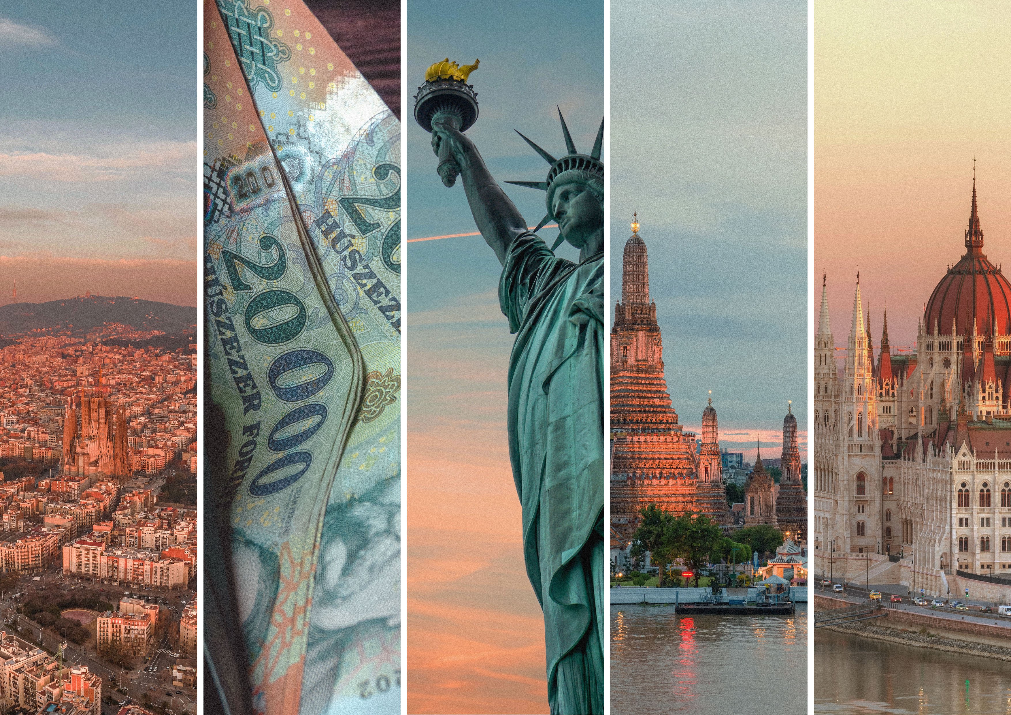 Vy över Barcelona, ungerska sedlar, Frihetsgudinnan i New York, tempel i Bangkok och parlamentet i Budapest under solnedgång.