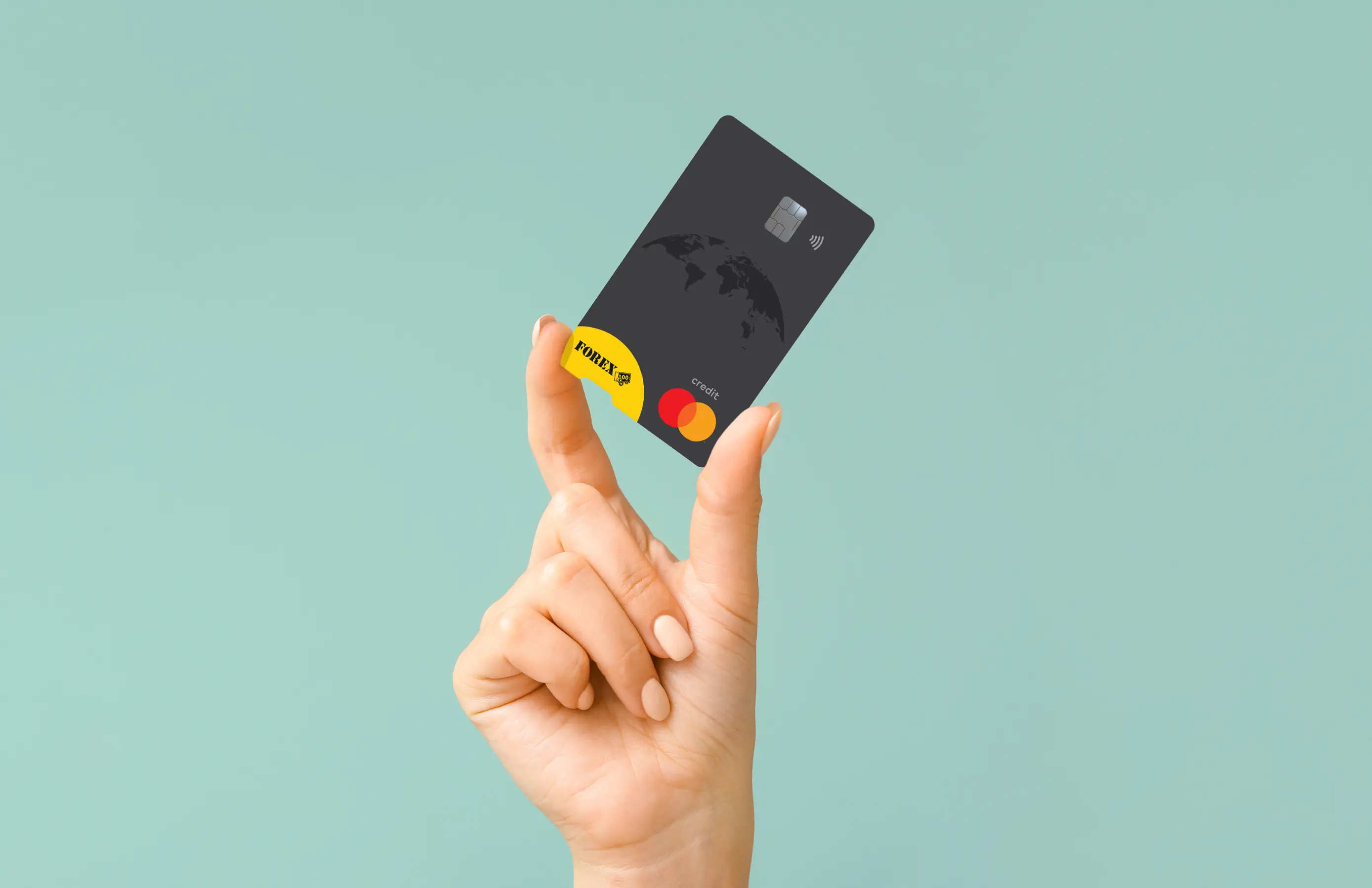 Hand holding a black credit card on a turquoise background, with contactless payment symbol and world map.