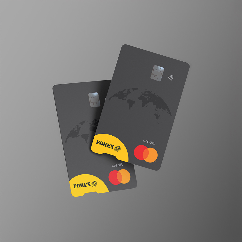 Two black credit cards with a world map motif, logo for FOREX, and Mastercard symbols, against a grey background.