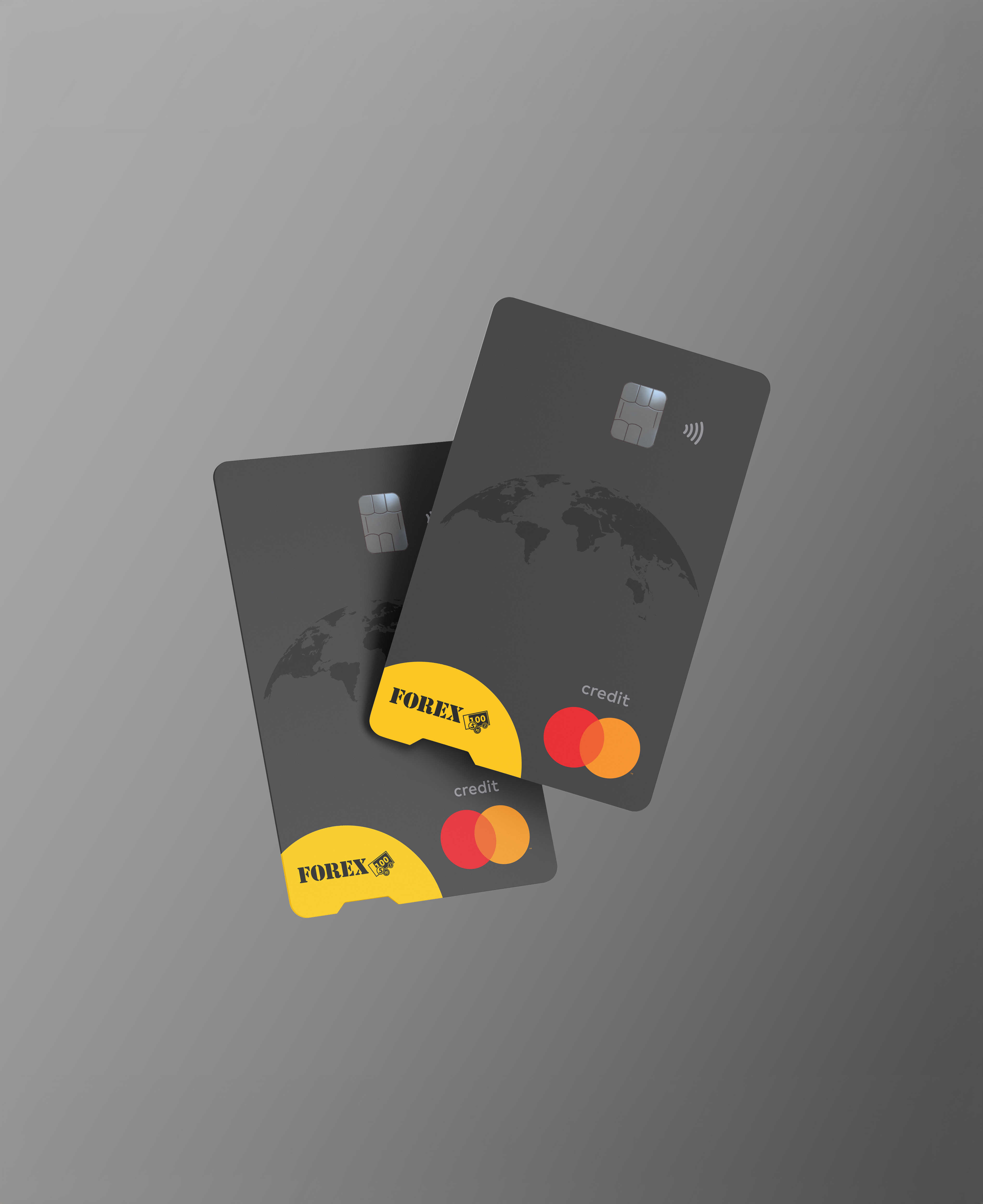 Two black credit cards with Forex and Mastercard logos on gray background.
