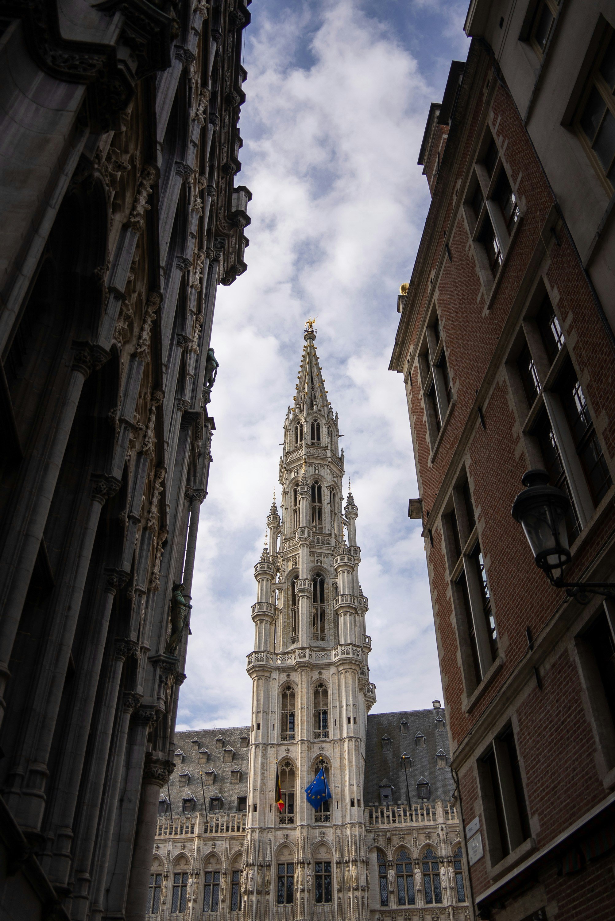 Vy av det gotiska stadshustornet på Grand Place i Bryssel mellan historiska byggnader, under en molnig himmel