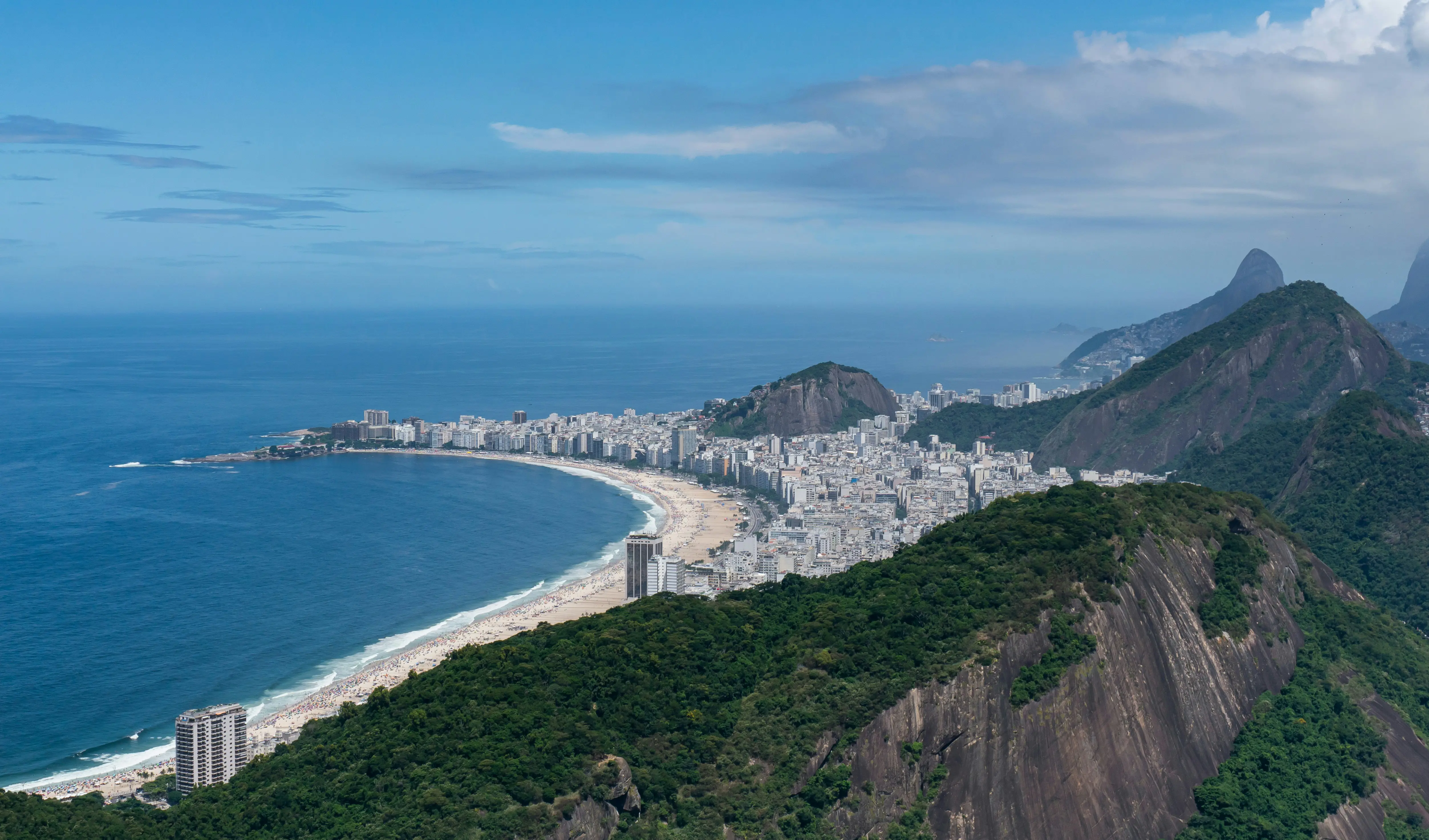 Panoramautsikt över Copacabana-stranden i Rio de Janeiro, omgiven av grönskande berg och stadens silhuett under en klarblå himmel