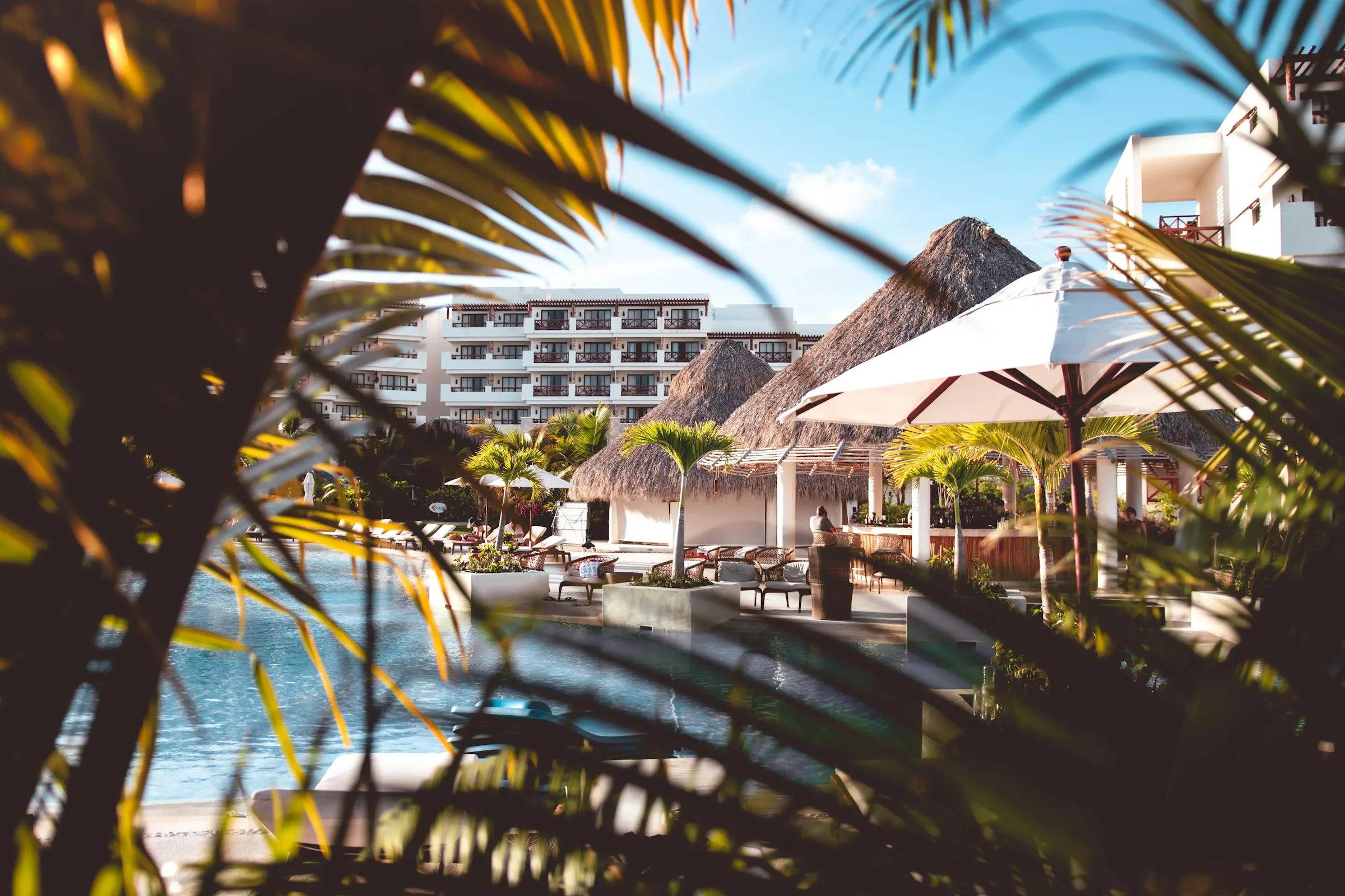 Luxury tropical resort with palm trees and a poolside view featuring thatched-roof cabanas and umbrellas, framed by lush greenery.
