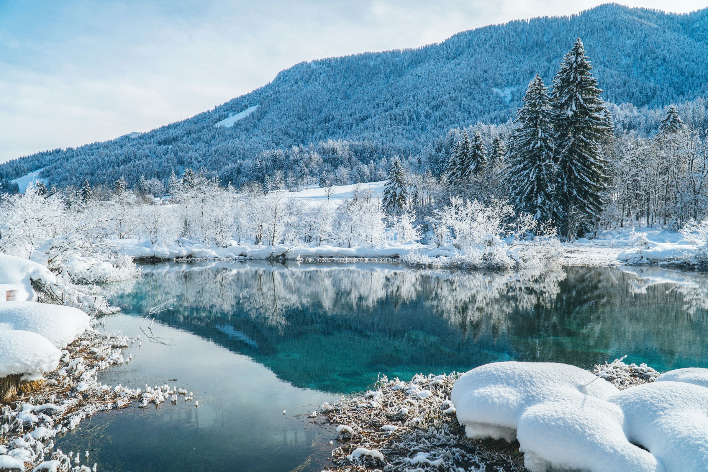 Stillsam sjö vid vintertäckt skog och natur med mäkta berg i bakgrunden i Kranjska Gora