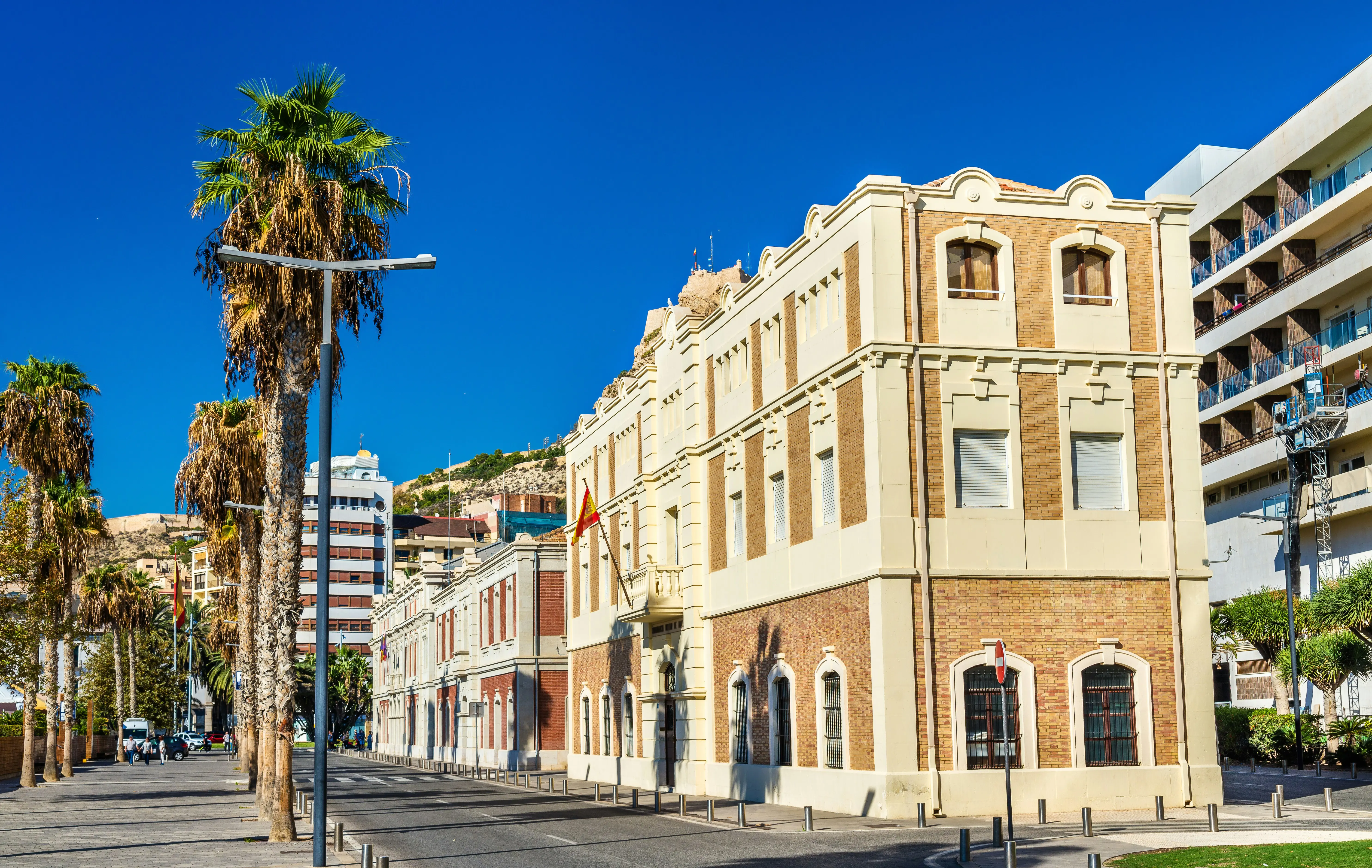 Historisk byggnad med palmer som kantar en solig gata i Alicante, Spanien, som visar upp medelhavsarkitektur mot en klarblå himmel