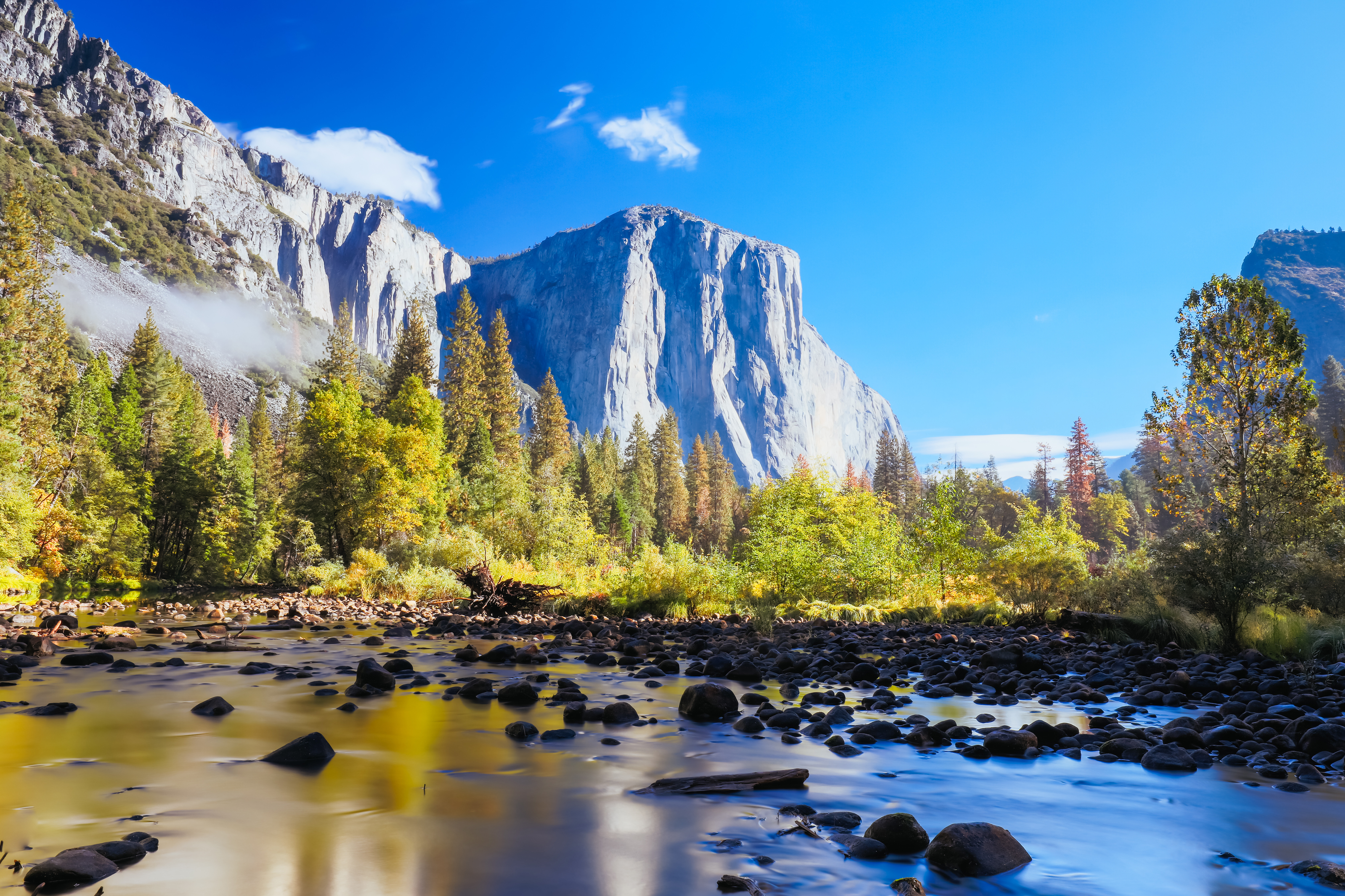 Scenic view of El Capitan in Yosemite National Park, with a clear blue sky, lush green trees, and a tranquil river in the foreground
